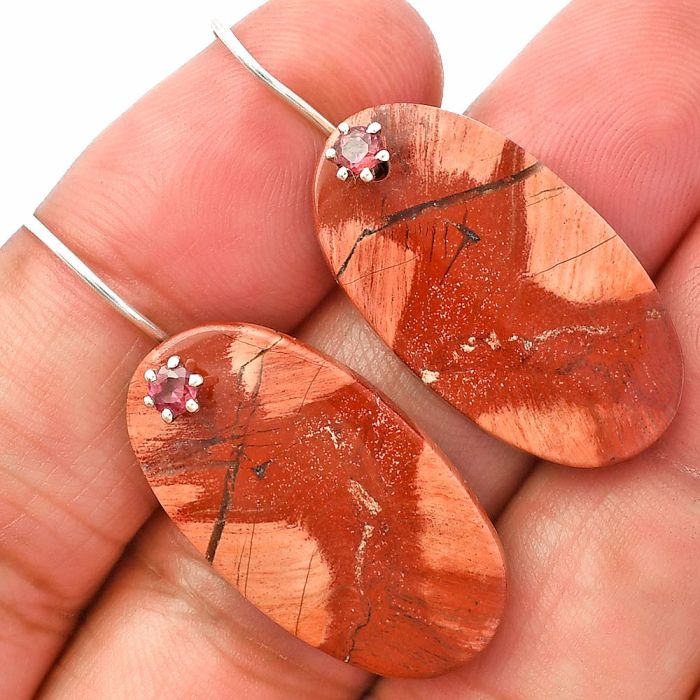 Snake Skin Jasper and Garnet Earrings SDE82000 E-1082, 15x28 mm