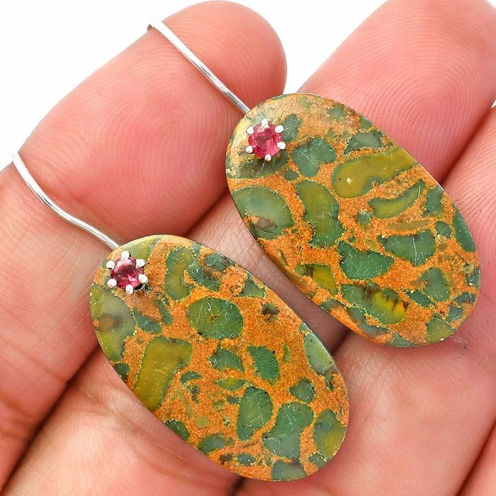 Bamboo Jasper and Garnet Earrings SDE82002 E-1082, 16x28 mm