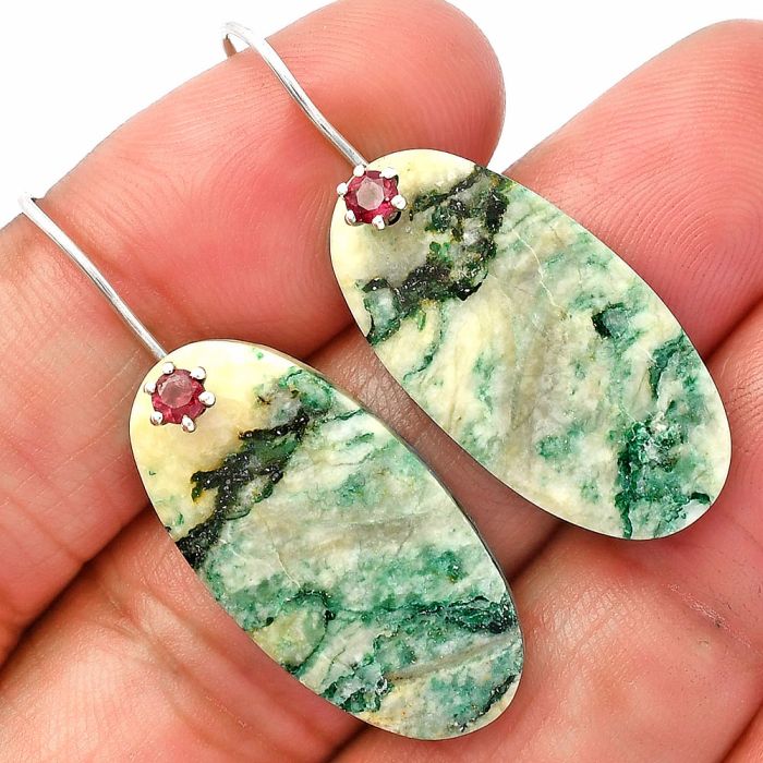 Tree Weed Moss Agate and Garnet Earrings SDE82011 E-1082, 14x28 mm