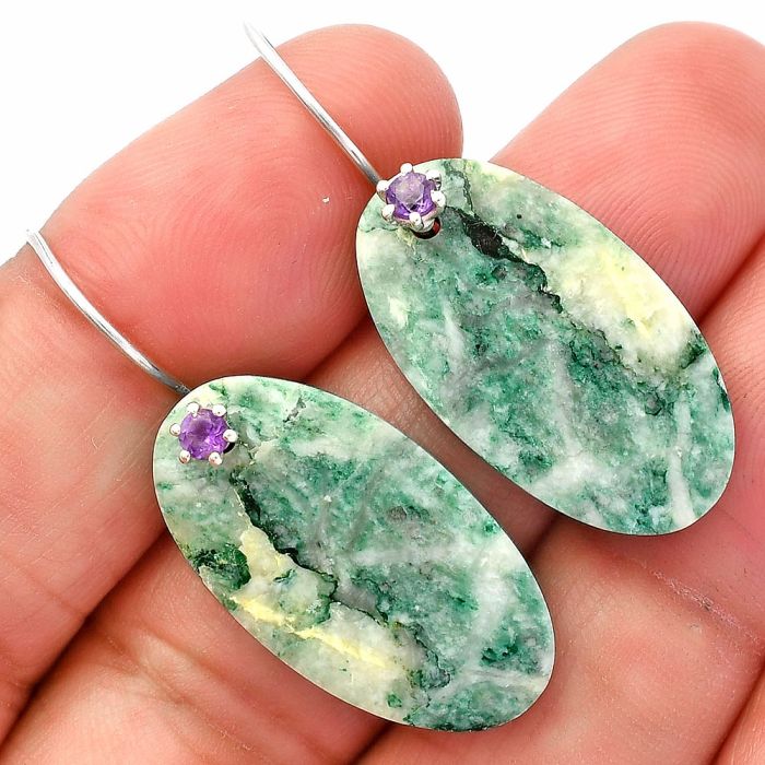 Tree Weed Moss Agate and Amethyst Earrings SDE82030 E-1082, 15x28 mm