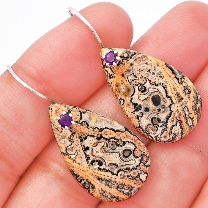 Leopard Skin Jasper and Amethyst Earrings SDE82038 E-1082, 17x27 mm