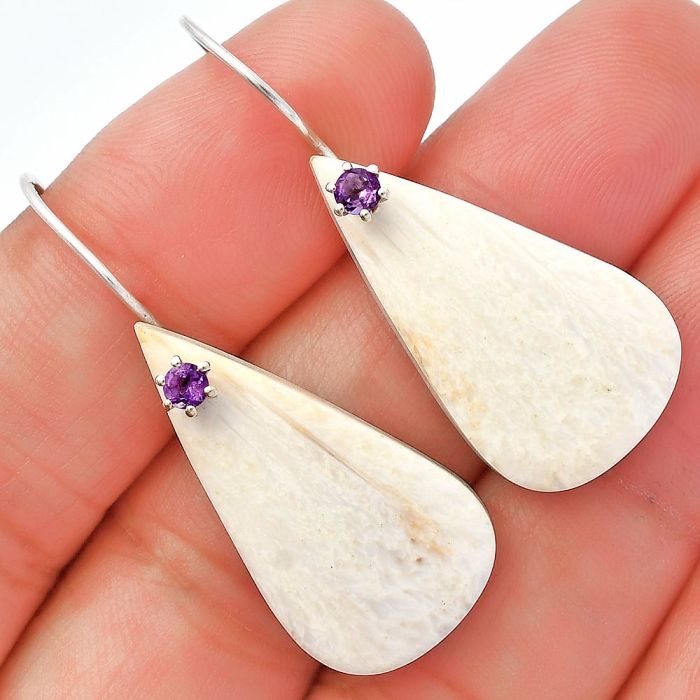 White Scolecite and Amethyst Earrings SDE82046 E-1082, 16x29 mm