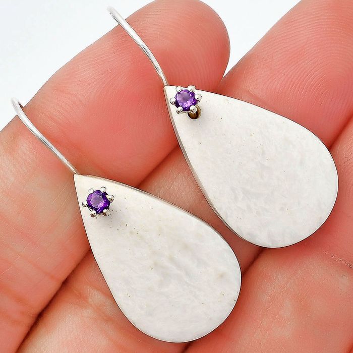 White Scolecite and Amethyst Earrings SDE82048 E-1082, 16x26 mm