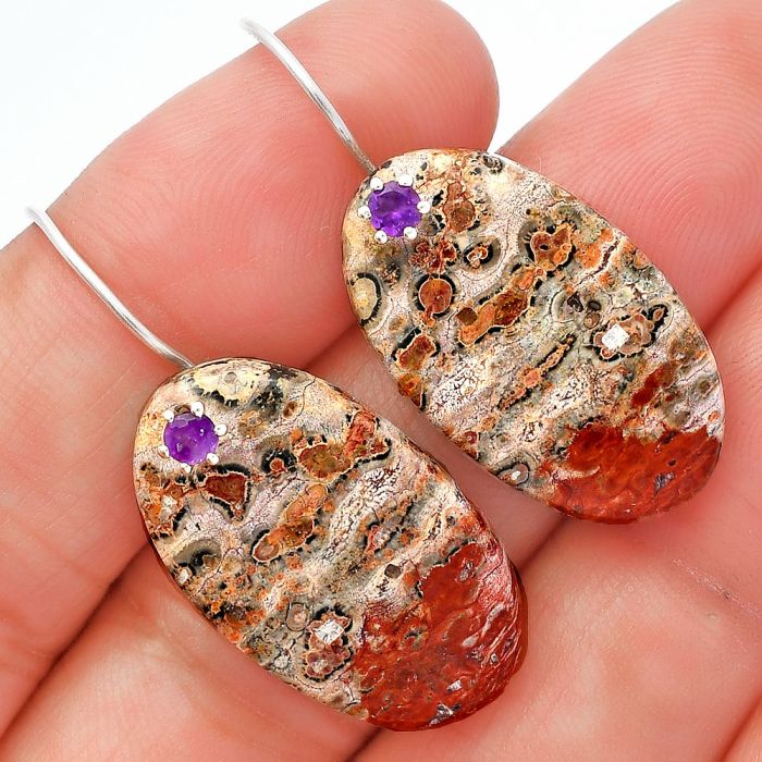 Leopard Skin Jasper and Amethyst Earrings SDE82055 E-1082, 16x27 mm