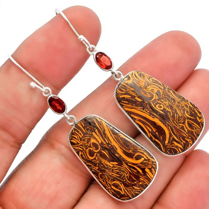 Coquina Fossil Jasper and Garnet Earrings SDE82273 E-1002, 16x27 mm