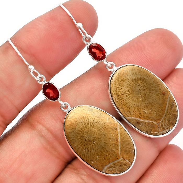 Flower Fossil Coral and Garnet Earrings SDE82276 E-1002, 16x24 mm