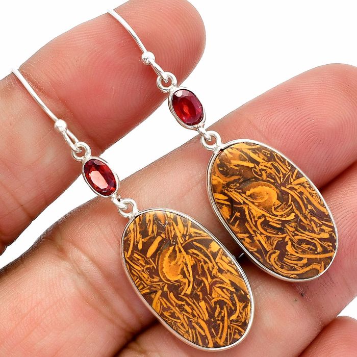 Coquina Fossil Jasper and Garnet Earrings SDE82366 E-1002, 13x22 mm