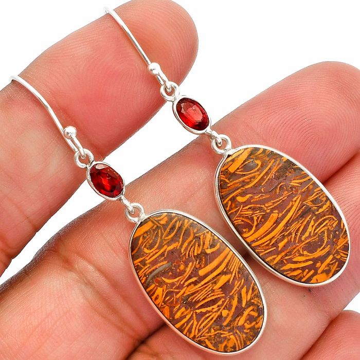 Coquina Fossil Jasper and Garnet Earrings SDE82369 E-1002, 14x23 mm