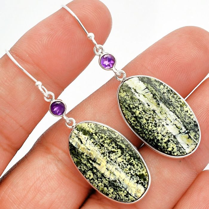 Natural Chrysotile and Amethyst Earrings SDE82409 E-1002, 14x24 mm