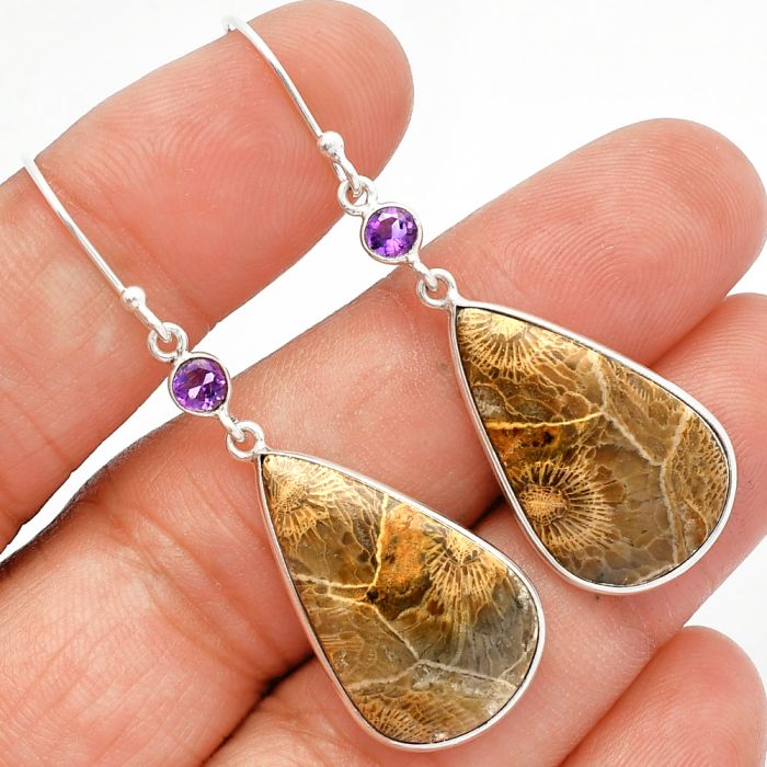 Flower Fossil Coral and Amethyst Earrings SDE82427 E-1002, 15x24 mm