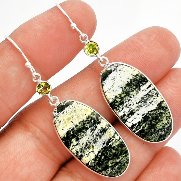 Natural Chrysotile and Peridot Earrings SDE82460 E-1002, 14x27 mm