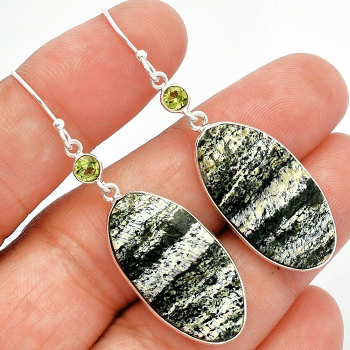 Natural Chrysotile and Peridot Earrings SDE82468 E-1002, 14x27 mm