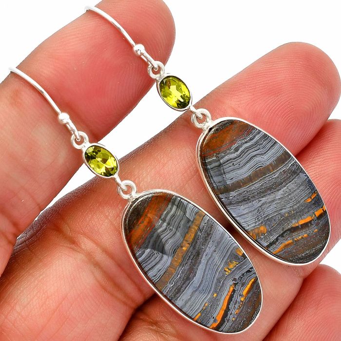 Iron Tiger Eye and Peridot Earrings SDE82486 E-1002, 14x27 mm