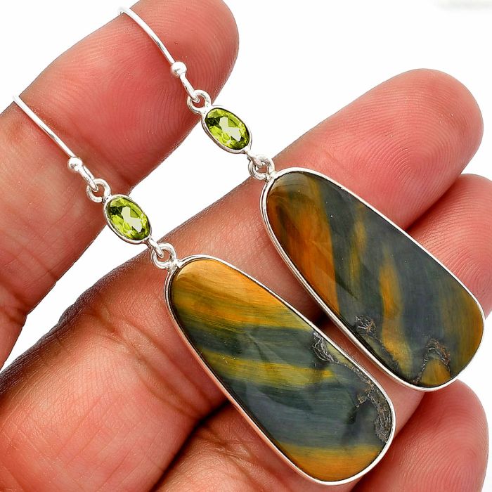 Blue Tiger Eye and Peridot Earrings SDE82500 E-1002, 14x32 mm