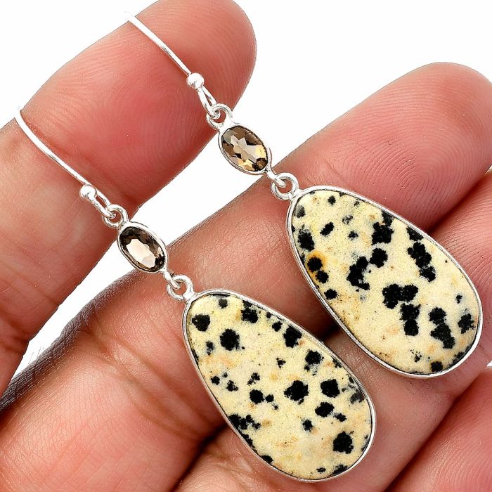 Dalmatian and Smoky Quartz Earrings SDE82569 E-1002, 14x25 mm