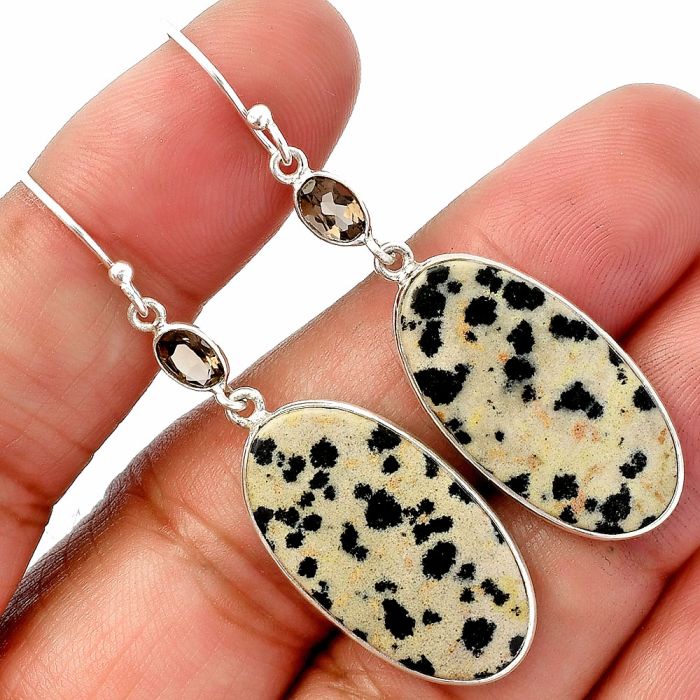 Dalmatian and Smoky Quartz Earrings SDE82577 E-1002, 14x26 mm