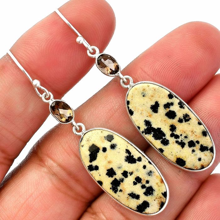 Dalmatian and Smoky Quartz Earrings SDE82584 E-1002, 12x25 mm