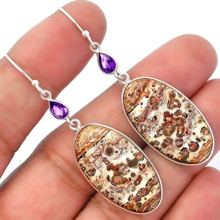 Leopard Skin Jasper and Amethyst Earrings SDE82647 E-1002, 15x25 mm