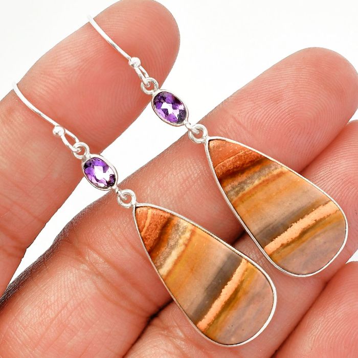 Polygram Jasper and Amethyst Earrings SDE82675 E-1002, 14x27 mm