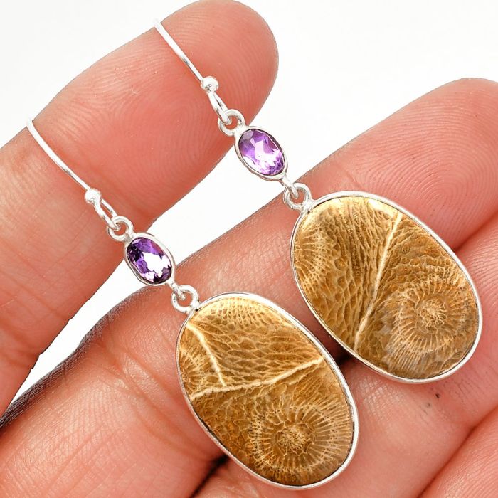 Flower Fossil Coral and Amethyst Earrings SDE82682 E-1002, 15x23 mm