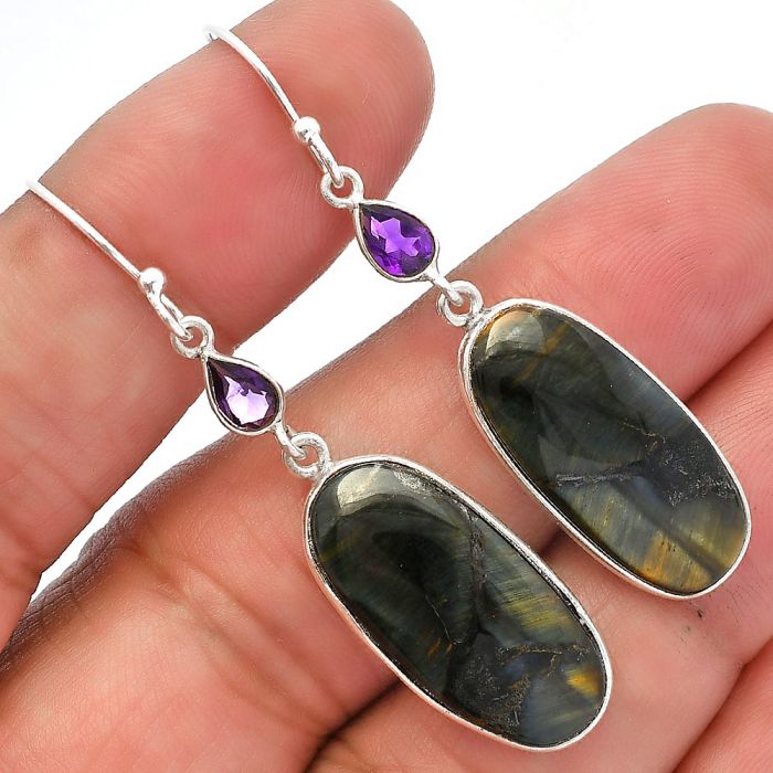 Blue Tiger Eye and Amethyst Earrings SDE82722 E-1002, 11x23 mm