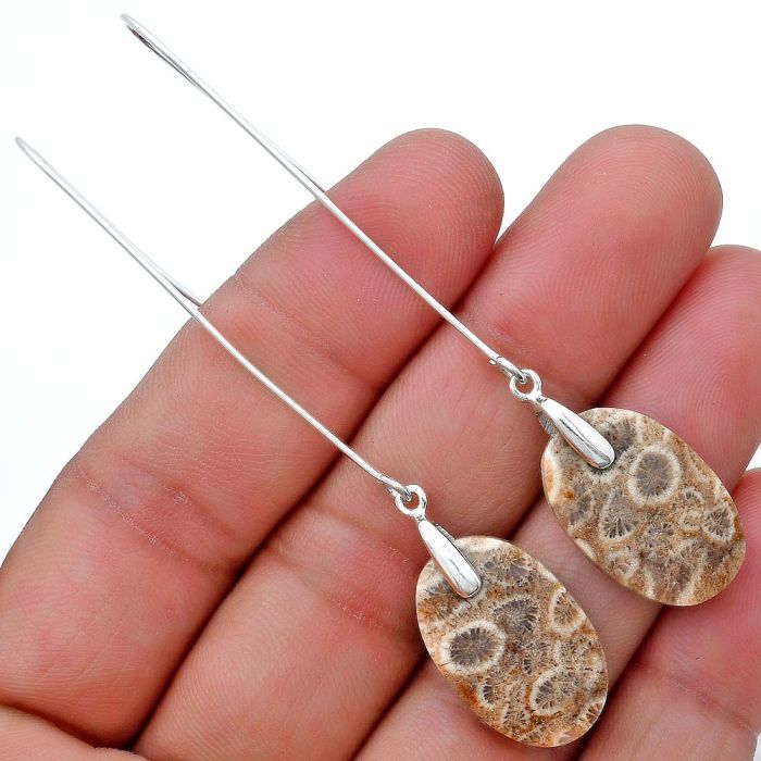 Flower Fossil Coral Earrings SDE82751 E-1089, 14x21 mm