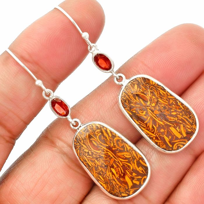 Coquina Fossil Jasper and Garnet Earrings SDE83251 E-1002, 13x22 mm