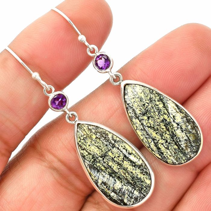 Natural Chrysotile and Amethyst Earrings SDE83314 E-1002, 10x24 mm