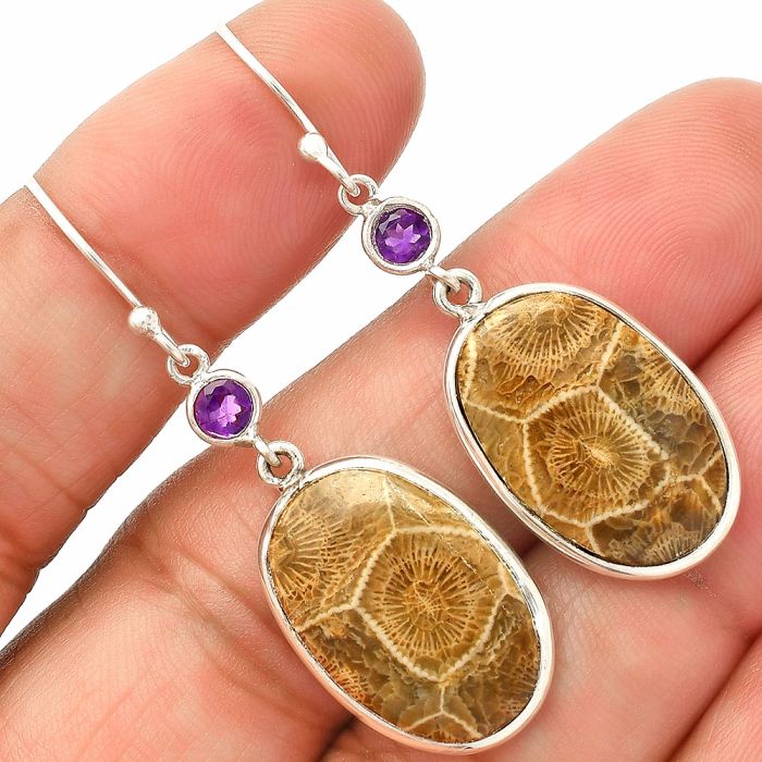 Flower Fossil Coral and Amethyst Earrings SDE83324 E-1002, 14x20 mm