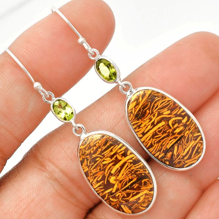 Coquina Fossil Jasper and Peridot Earrings SDE83396 E-1002, 13x22 mm