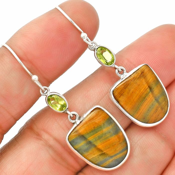 Blue Tiger Eye and Peridot Earrings SDE83481 E-1002, 13x16 mm