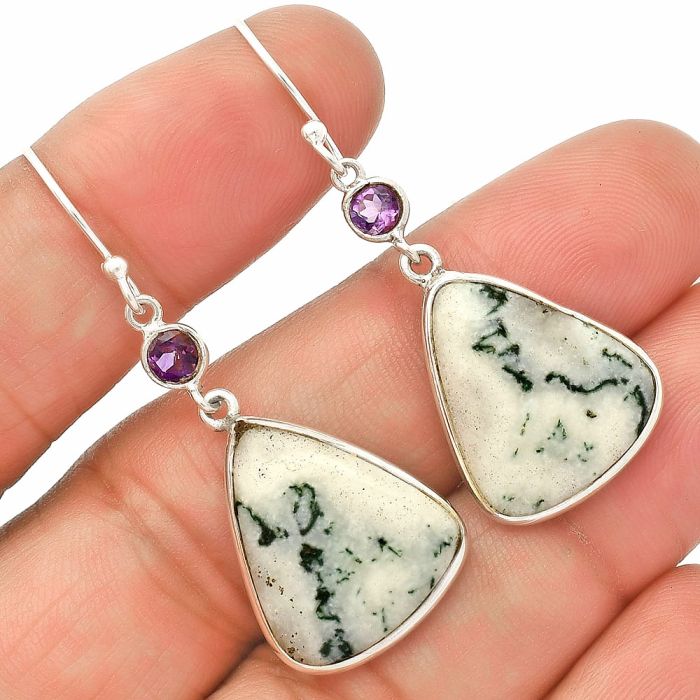 Tree Weed Moss Agate and Amethyst Earrings SDE83482 E-1002, 16x29 mm