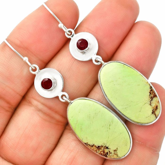 Lemon Chrysoprase and Garnet Earrings SDE83892 E-1081, 15x26 mm