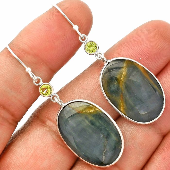 Blue Tiger Eye and Peridot Earrings SDE84031 E-1002, 16x23 mm