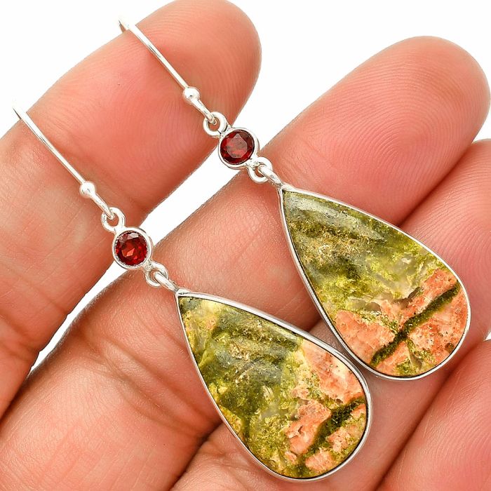 Unakite and Garnet Earrings SDE84121 E-1002, 14x25 mm