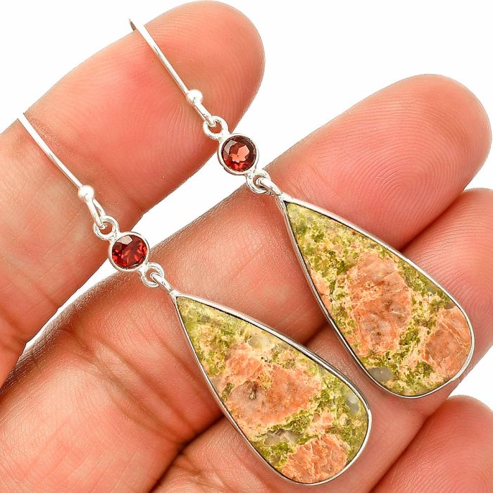 Unakite and Garnet Earrings SDE84140 E-1002, 13x26 mm