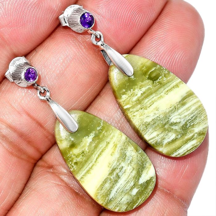 Natural Serpentine and Amethyst Earrings SDE84581 E-1120, 14x26 mm