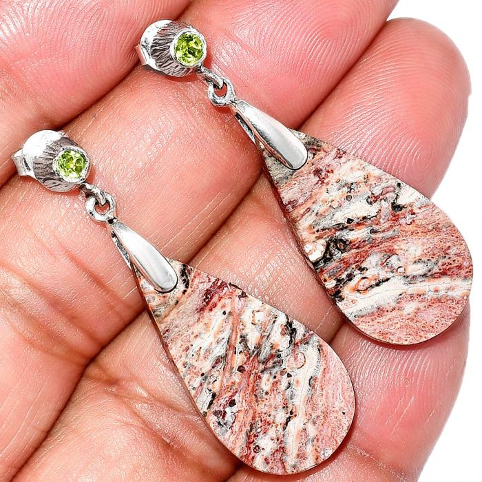 Leopard Skin Jasper and Peridot Earrings SDE84584 E-1120, 14x28 mm