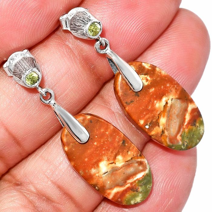 Rocky Butte Picture Jasper and Peridot Earrings SDE84596 E-1120, 11x22 mm