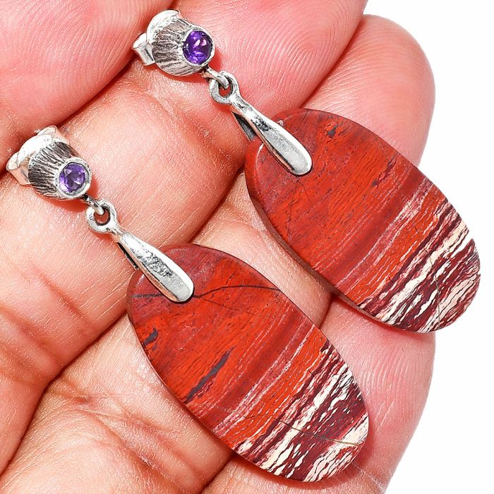 Snake Skin Jasper and Amethyst Earrings SDE84602 E-1120, 14x27 mm