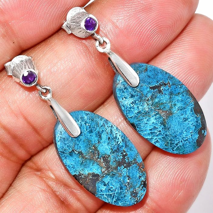 Shattuckite and Amethyst Earrings SDE84663 E-1120, 13x24 mm