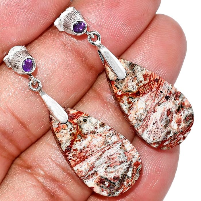 Leopard Skin Jasper and Amethyst Earrings SDE84664 E-1120, 14x26 mm