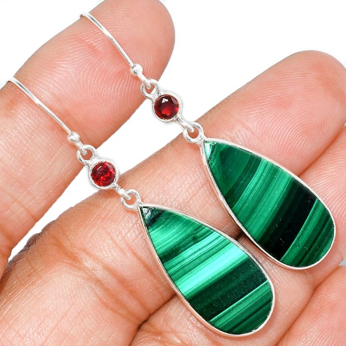 Malachite Eye and Garnet Earrings SDE84727 E-1002, 12x26 mm