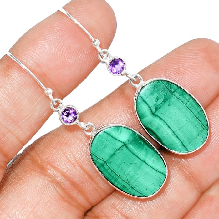 Malachite Eye and Amethyst Earrings SDE84744 E-1002, 13x20 mm