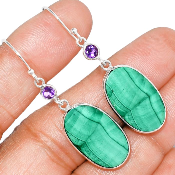 Malachite Eye and Amethyst Earrings SDE84745 E-1002, 13x21 mm