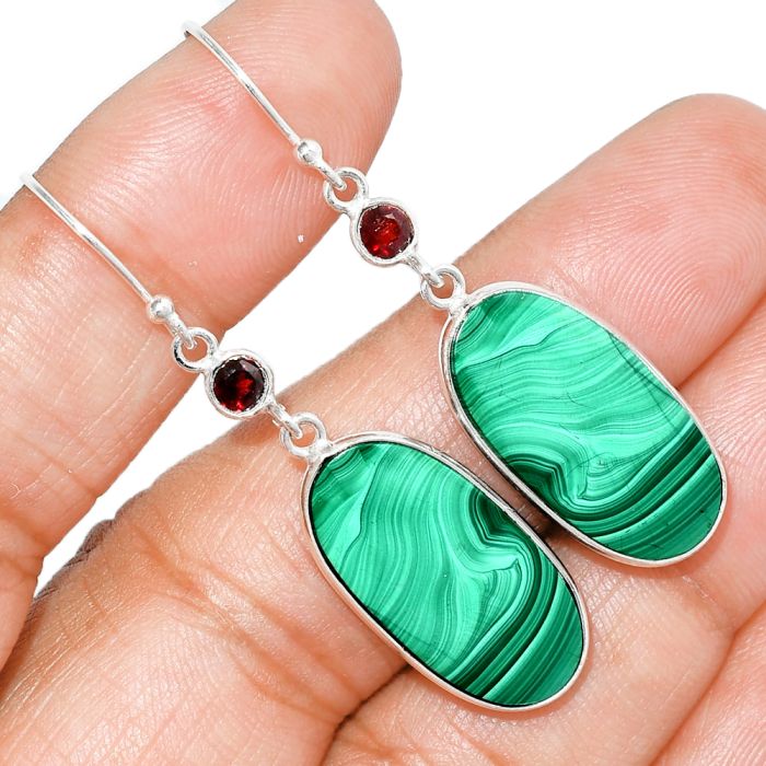 Malachite Eye and Garnet Earrings SDE84751 E-1002, 12x23 mm