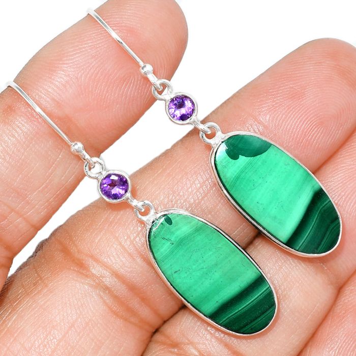 Malachite Eye and Amethyst Earrings SDE84763 E-1002, 11x23 mm