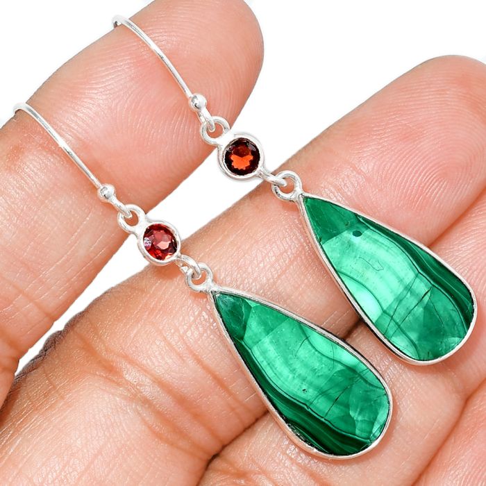 Malachite Eye and Garnet Earrings SDE84775 E-1002, 10x22 mm