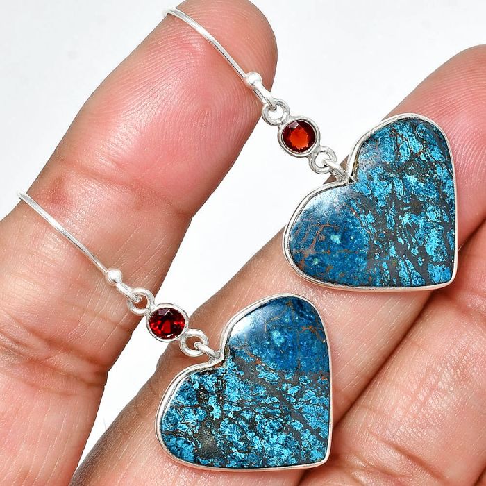 Heart - Shattuckite and Garnet Earrings SDE84981 E-1002, 19x22 mm