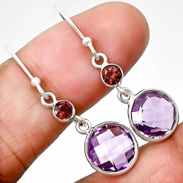 Amethyst Checker Briolette and Garnet Earrings SDE84986 E-1006, 10x10 mm